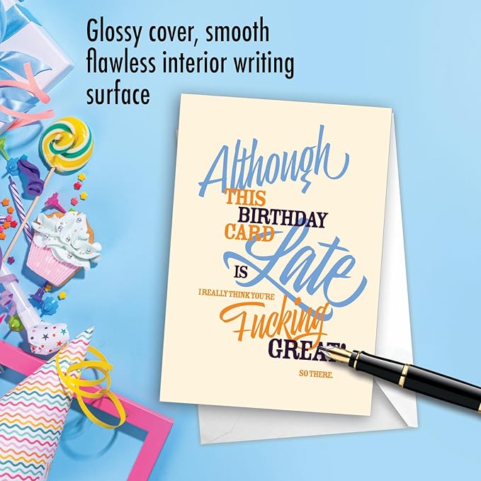 NobleWorks - 1 Funny Belated Happy Birthday Greeting Card - Sassy Bday Card, Stationery Humor - Late Card C7348BEG