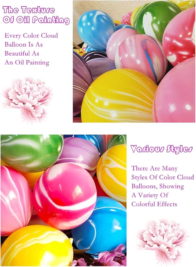 Rainbow Tie Dye Balloons 100PCS 12 Inch Agate Marble Latex Swirl Balloons For Tie Dye Birthday Party Supplies,Candyland,Bachelorette,Fun Hippie Party Decorations(Multi-Color)
