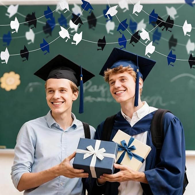 Blue and Silver Graduation Garland Graduation Party Decorations Class of 2026 Grad Cap Garland Banner Streamers for Grad Party Hanging Decorations 39Feet