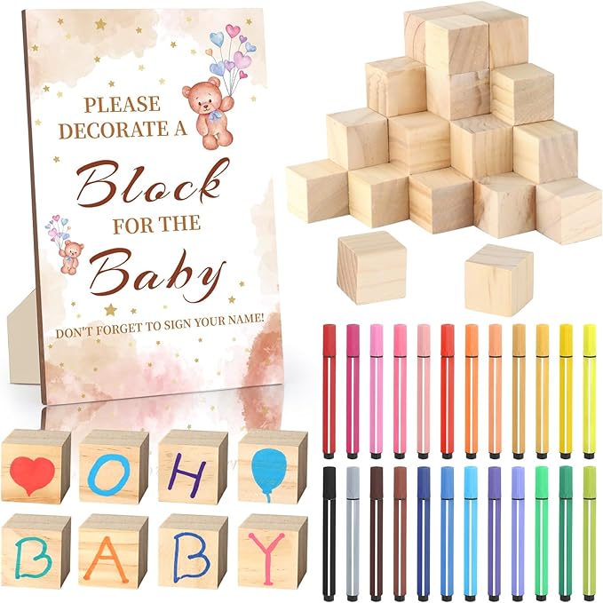 Baby Shower Games Sign Kit with 50 Blank Wooden Baby Blocks, 24 Acrylic Paint Marker and Wooden Sign, Blocks for Baby Shower Games, Gender Reveals Party(Bear)