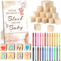 Baby Shower Games Sign Kit with 50 Blank Wooden Baby Blocks, 24 Acrylic Paint Marker and Wooden Sign, Blocks for Baby Shower Games, Gender Reveals Party(Bear)