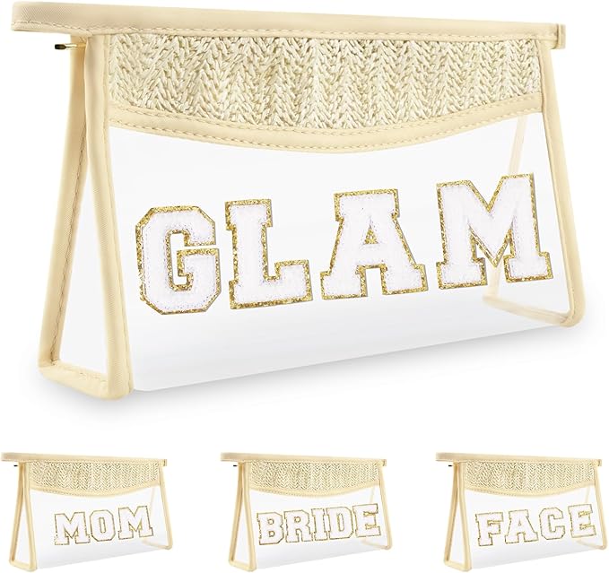 Iqimott Clear Patch Makeup Bag, Boho Preppy Chenille Letter Cosmetic Bag, Waterproof Zipper Make up Bag Toiletry Pouch for Women Girls, Clear Transparent Organizer Pouch for Travel