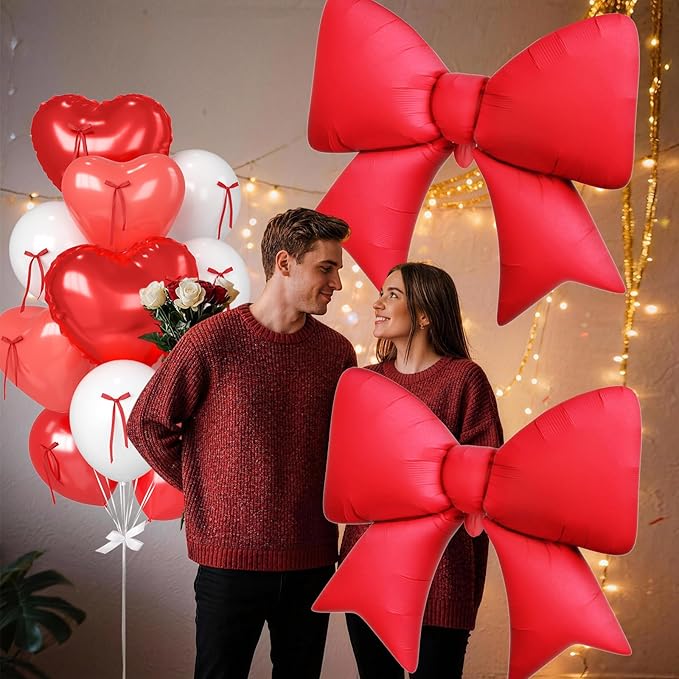 Red Heart Balloons, 38 Inch Bow Balloons, 16Pcs Red White Valentines Balloon Foil Balloon with Bow Ribbons for Birthday Wedding Bridal Baby Shower Valentines Day Decorations