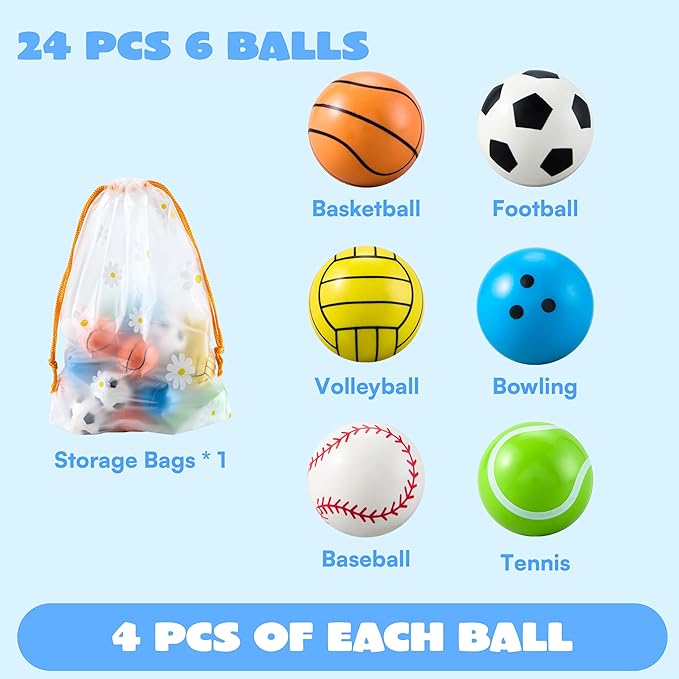 JOYIN 24 Pcs Multi-Sports Bouncy Balls Bulk with Storage Bag, 6 Style 32mm Small Balls for Kids Party Favors for Kids 4-8, Classroom Prizes, Treasure Box Toys & Goodie Bags Stuffers