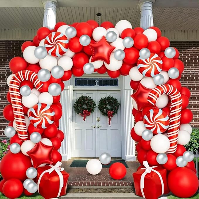 Christmas Balloon Arch Garland Kit 150pcs Red White Silver Balloons With Candy Cane Swirl Foil Balloons Xmas Merry Christmas Friendsmas Winter Santa Claus Ugly Sweater Party Decoration (Red)