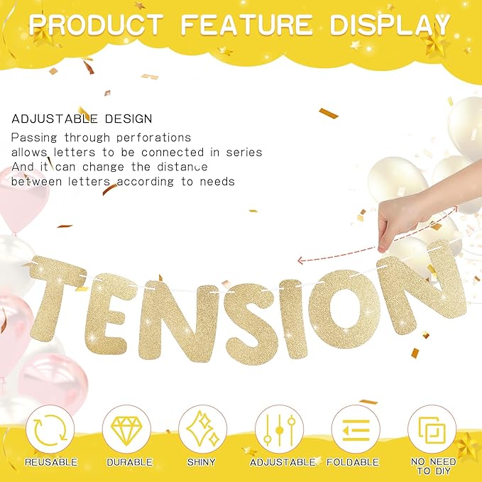 Retirement Banner Pre-Strung GOODBYE TENSION HELLO PENSION Banner Glitter Retirement Party Supplies Decorations for Women Men Office Home Decor (Chanmpagne Gold)