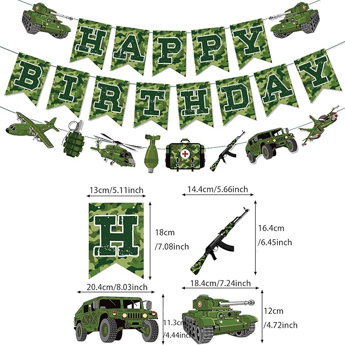 Zwiebeco Camouflage Happy Birthday Party Decoration Green Camo Banner Hanging Paper Bunting Garland Sign for Boys Kids Mens Adults Aoldier Military Themed Accessories Supplies