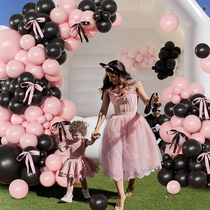 Pink Black Balloon Garland Arch Kit, 141Pcs Pink and Black Balloons Different Sizes 18 10 5 Inch and Bows for Coquette Birthday Wedding Baby Shower Bridal Shower Party Decorations