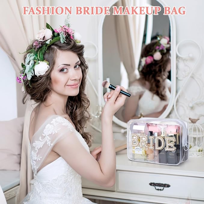 Etercycle Bride Clear Makeup Bag, Bridal Shower Gifts Engagement Cosmetic Bag, Bling Pearl Rhinestone Letter Patches Waterproof PVC Travel Organizer for Women Wedding Bachelorette Party (Gold)