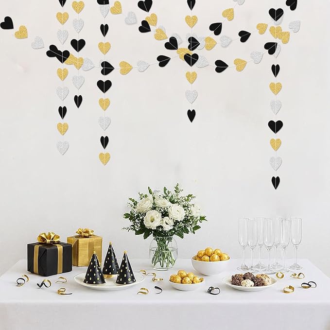 Silver Black Gold Party Decorations - 52Ft Paper Heart Garland Streamers Banner Birthday New Years Eve Retirement Graduation Anniversary Classroom Office Hanging Decor Supplies HongTongTong