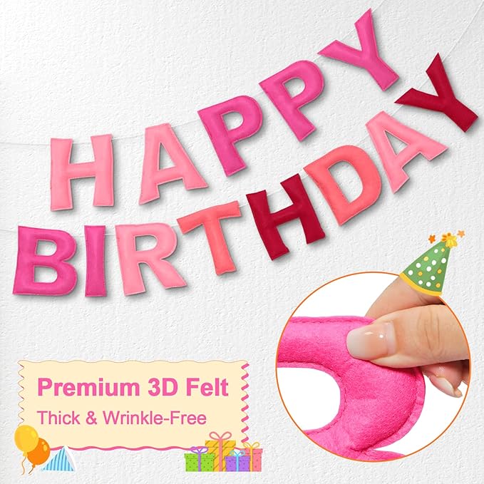 Pre-Strung Happy Birthday Banner & Felt Garland Set - Ombre Pink Birthday Decorations for Women Girls | Reusable Party Supplies for Indoor & Outdoor