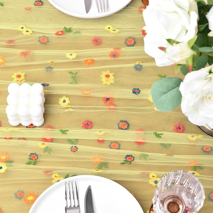 Joanlody 3pcs Yellow Embroidery Daisy Spring Summer Table Runner Florals Seasonal Easter Tulle Table Runner Holiday Kitchen Dining Table Decoration Wedding Party