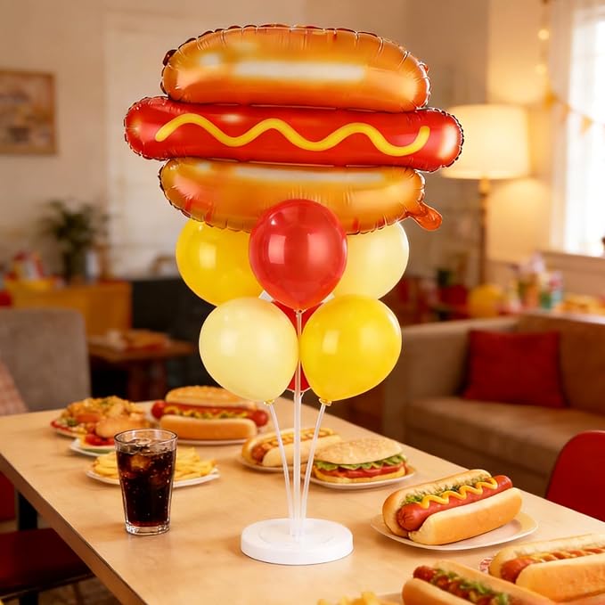 Hot Dog Party Balloons Stand Kit 2 Sets with 2 Food Shaped Foil Balloons Picnic Burger Themed Balloon Centerpiece for Tables for BBQ Birthday Party Supplies Baby Shower Hot Dog Themed Decorations