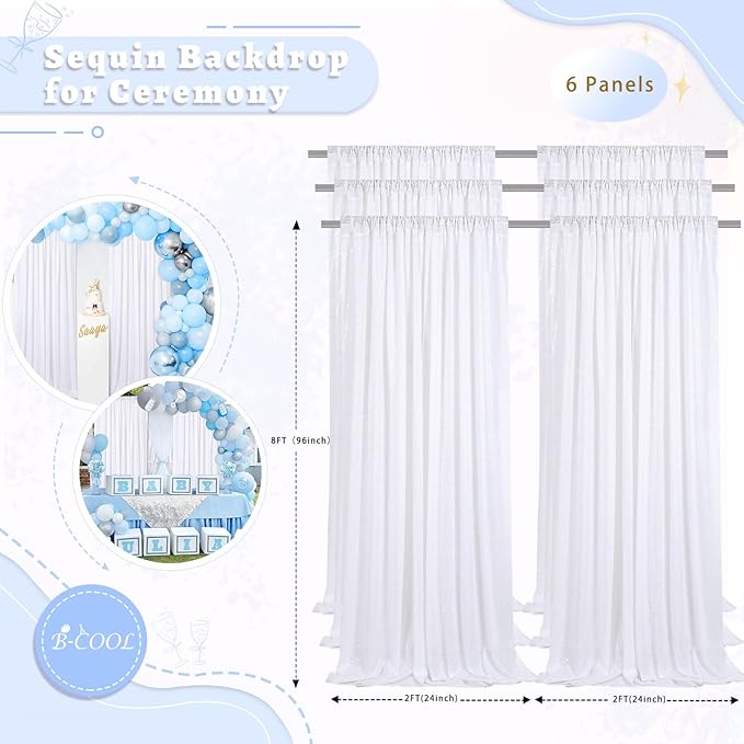 B-COOL White Sequin Backdrop Curtain 6 Panels 2ftx8ft Wedding Shiny Curtains Drapes for Wedding Birthday Baby Shower Party Background Decorations
