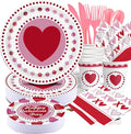 Valentines Day Paper Plate Tableware Set - 177 pcs Heart and Love Disposable Dinnerware with 2 Tablecloth - Red Paper Plates Napkins Cups for Valentines Day Kids School Office Party Supply