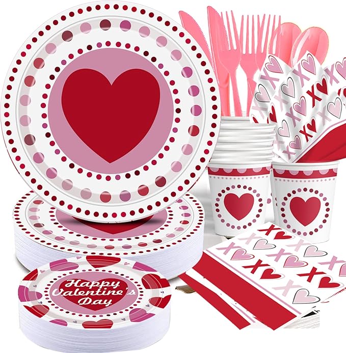 Valentines Day Paper Plate Tableware Set - 177 pcs Heart and Love Disposable Dinnerware with 2 Tablecloth - Red Paper Plates Napkins Cups for Valentines Day Kids School Office Party Supply