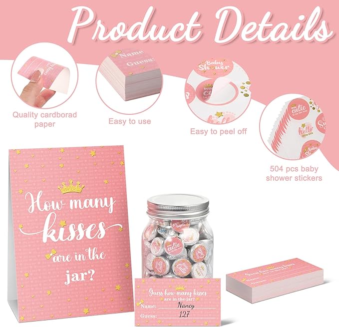 Containlol 555 Pcs How Many Kisses Baby Shower Games, Pink and Gold Standing Sign Guessing Cards Kisses Stickers for Kids Girl Birthday Baby Shower Sprinkle Party Decoration (No Candy and Jar)