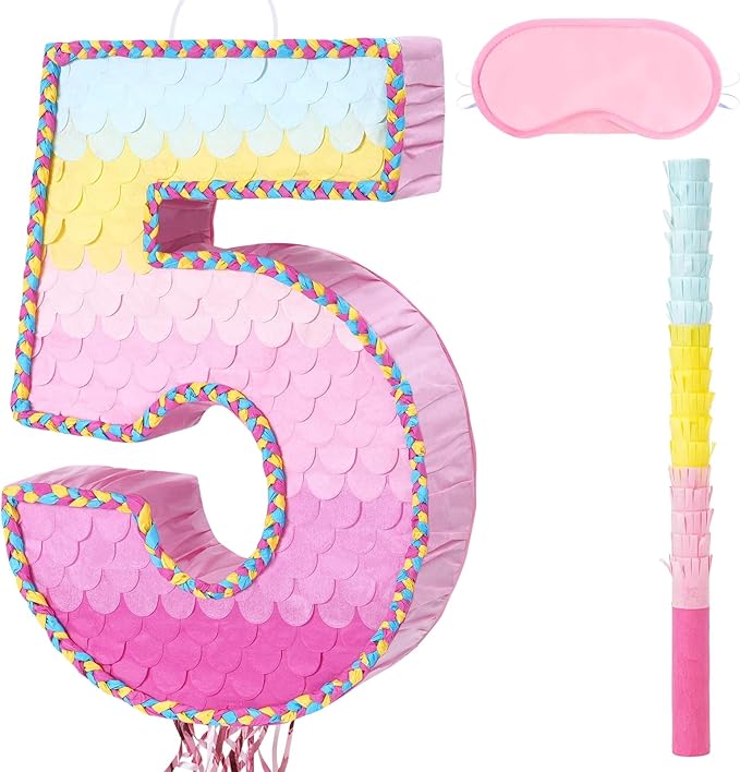 WERNNSAI Pink Sweet Five Piñata - Number 5 Piñata Happy Birthday Decoration Pink Rainbow Design Party Games for Girl Princess Baby Shower Party Favor with Blindfold Anniversary Celebration Supplies