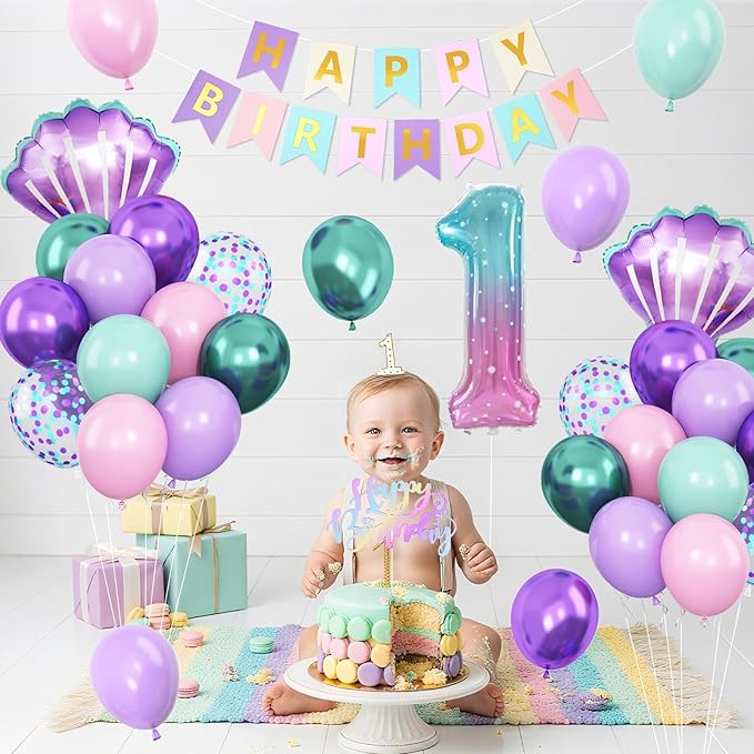 1st Mermaid Birthday Decorations for Girls,First Party Decorations Metallic Purple Green Pink Blue Latex Balloons Number 1 Seashell Foil Balloons Banner Cake Topper Sea Party Decor