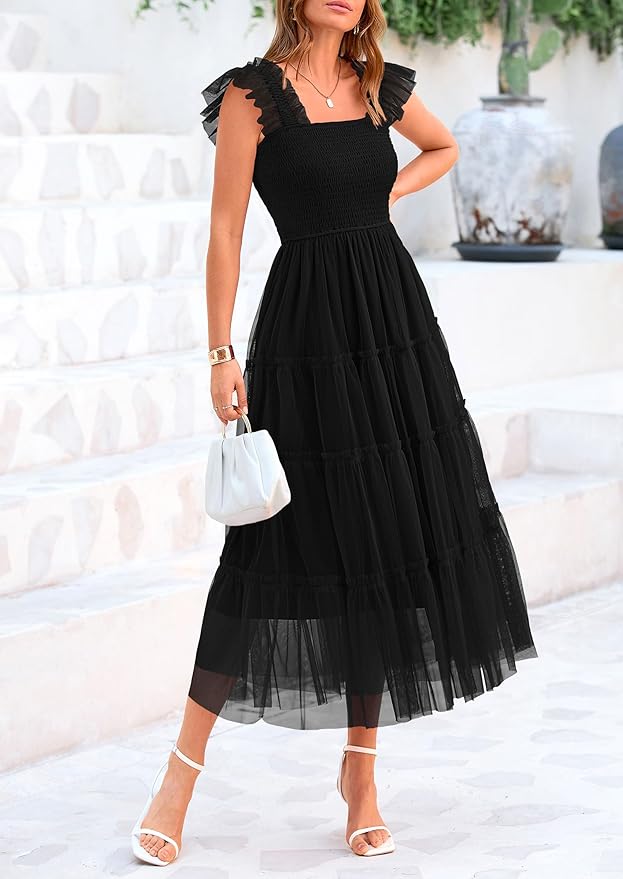 PRETTYGARDEN Women's Summer Tulle Midi Dress Sleeveless Smocked Ruffle Flowy Mesh Dresses Party Wedding Guest Sundress
