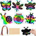 JULMELON 36 Pcs Spring Bugs Scratch Cards, Flower Rainbow Magic Color Art Crafts Kit with 12 Bamboo Stylus and 36 Ribbon for Kids School Classroom DIY Spring Crafts Art Project