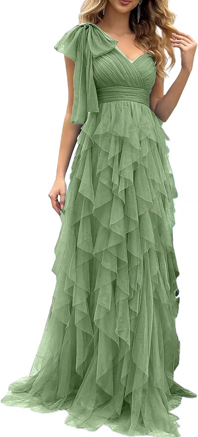 Summer Women Tulle Prom Dress Elegant Bow One Shoulder Slit Evening Party Gown Wedding Guest Bridesmaid Maxi Dress