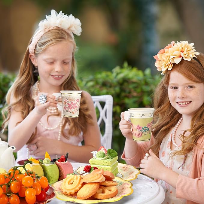 Yungyan 216 Pcs Tea Party Plates and Napkins Sets Serve 72 Guests Floral Disposable Tea Party Supplies Paper 6" Plates and Napkins and 9 oz Cups with Handle for Garden Spring Birthday Wedding