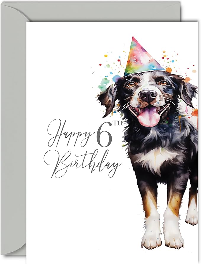 6th Birthday Cards for Girls Boys - Party Dog - Happy Birthday Card for 6 Year Old Girl Boy Granddaughter Grandson Daughter Son Niece Nephew, A5 Bday Greeting Cards