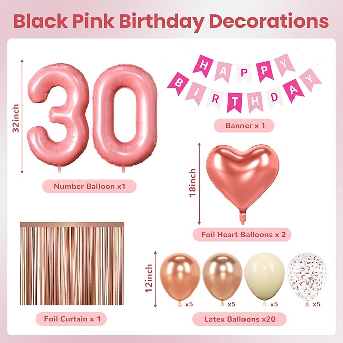 30th Birthday Decorations for Women, Rose Gold and Black Party Supplies Set with Happy 30th Banner, Number 30 Balloon and Foil Fringe Curtains, 30 Year Old Kit
