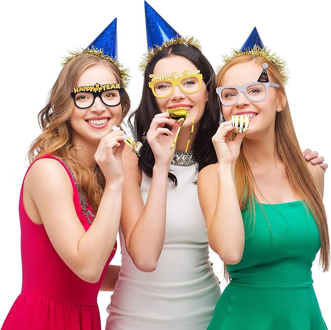 TUPARKA 57 Pcs 2026 New Years Eve Party Supplies Includes Paper Happy New Year Glasses，Party Blowouts Blowers Noisemakers and Black Gold Balloons，New Year Decorations NYE Party Supplies