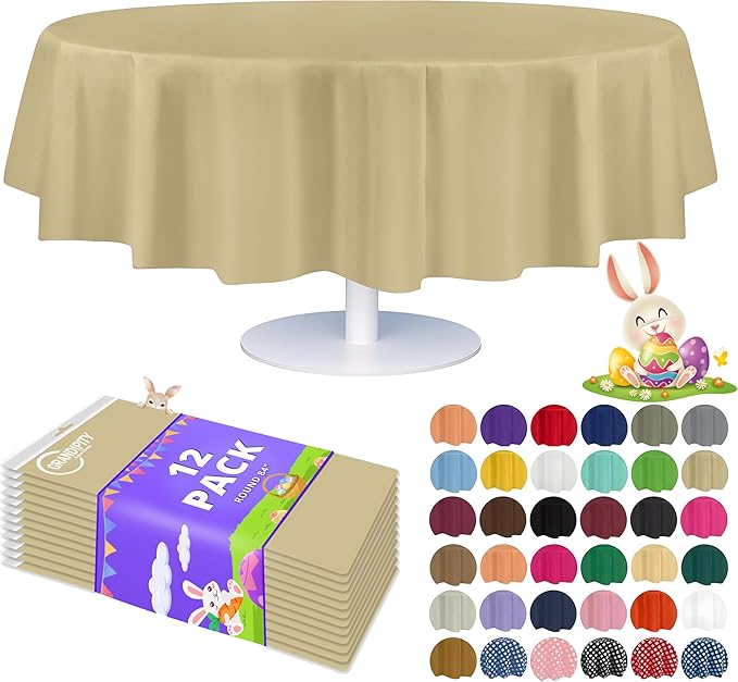 Grandipity 12 Pack Premium Disposable Plastic Tablecloth 84" Inch Decorative Round Table Cover - Beige