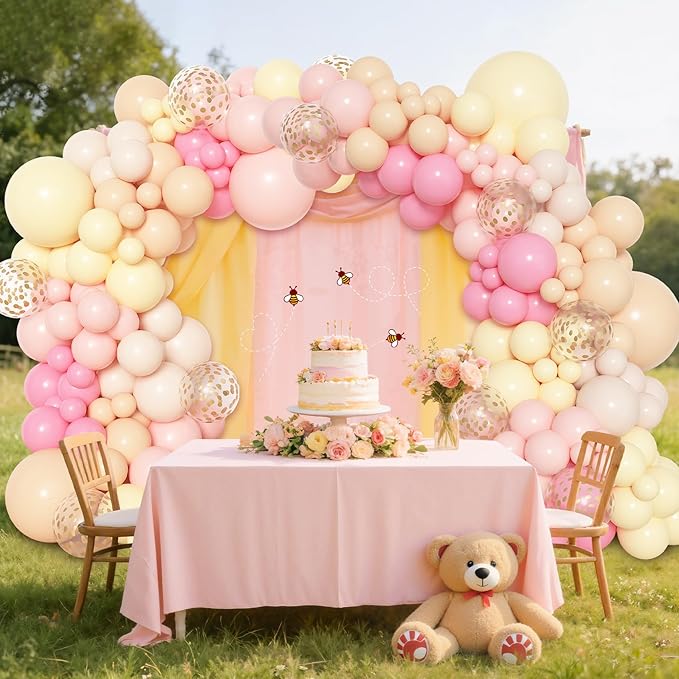 Amandir 153pcs Pink and Yellow Balloon Arch Garland Kit, Different Sizes 18 12 10 5 inch Pink Pastel Yellow White Sand Cream Gold Confetti Balloons for Birthday Party Bee Bear Shower Decorations