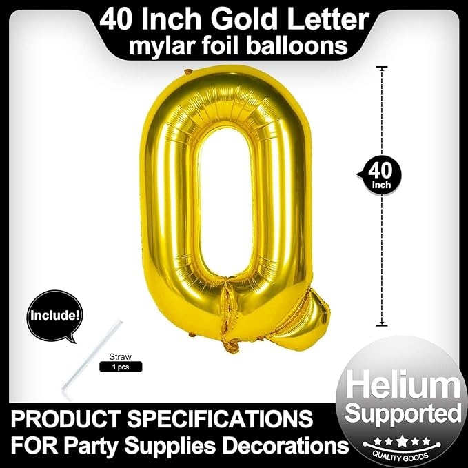 40 Inch Gold Letter Q Balloons, DIY Phrase Foil Alphabet Letter Q Balloons DIY Word Q Banner for Birthday Anniversary Celebration Graduation Party Supplies Decoration