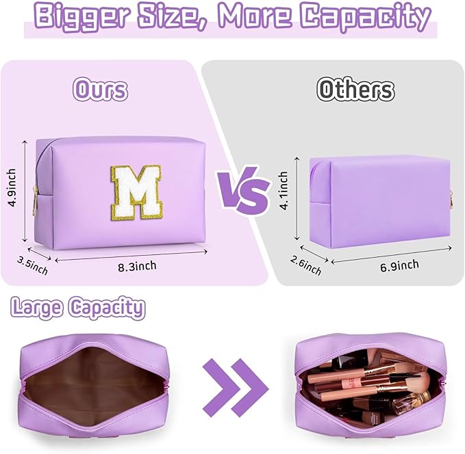 TOPEAST Preppy Patch Makeup Bag, Chenille Letter Pouch Cosmetic Bag, PU Leather Waterproof Toiletry Bag, Personalized Birthday Gift for Women Girl, Cute Stuff for Girls (Purple B)