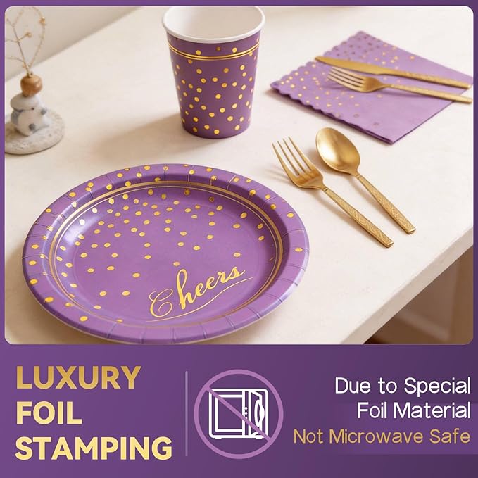 OuMuaMua Purple Gold Disposable Plates Party Supplies for 24 Guests, 168 Pcs Purple Plates, Cups and Napkins with Utensils Set for Birthday Baby Shower Graduation Lavender Party Decorations