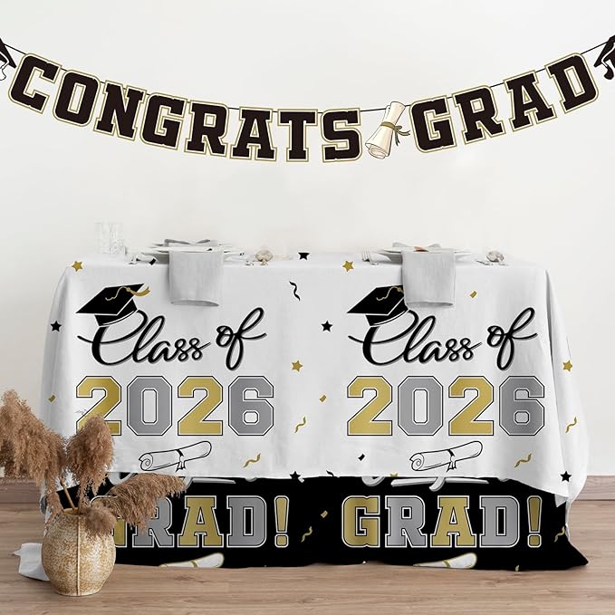 2026 Graduation Decorations : 2-Pack Congrats Grad Disposable Tablecovers - Class of 2026 Black and White Themed Table Cloths, for Graduation Party Supplies & Graduation Backdrop, 54" X 108"