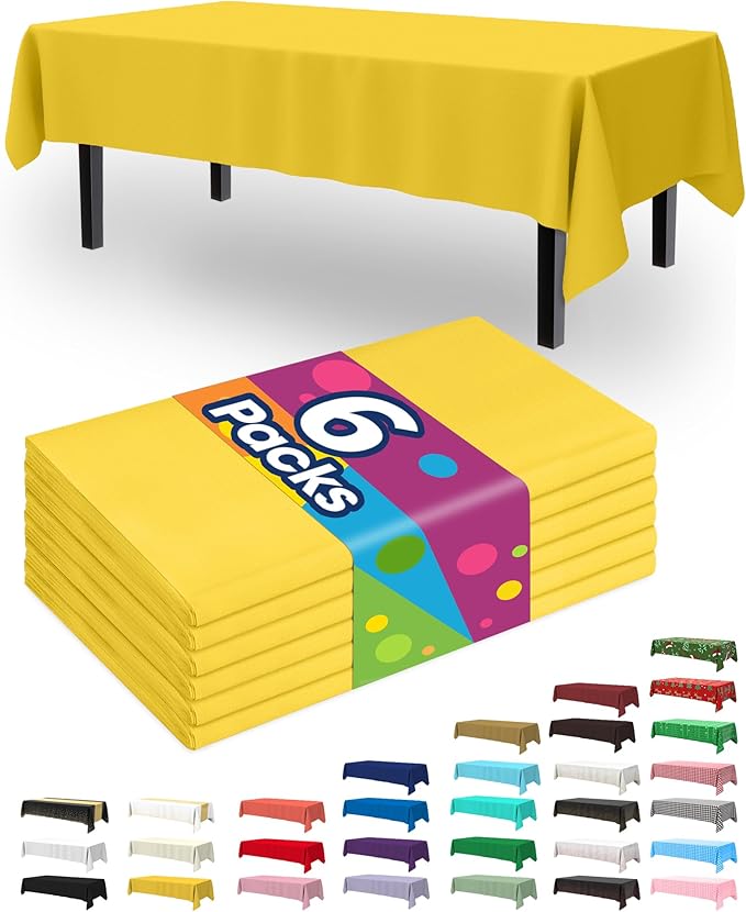 Pureegg Plastic Table Cloth Disposable 6 Pack, 54 x 108 Inch Table Cloths, Easter Party, Decorative Tablecloths, Rectangle, Lemon, Pastel Plastic Cover, Waterproof, Yellow