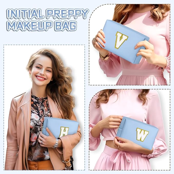 TOPEAST Birthday Gifts for Women, Personalized Initials Travel Makeup Bag Gifts for Women for Her (Sky Blue E)