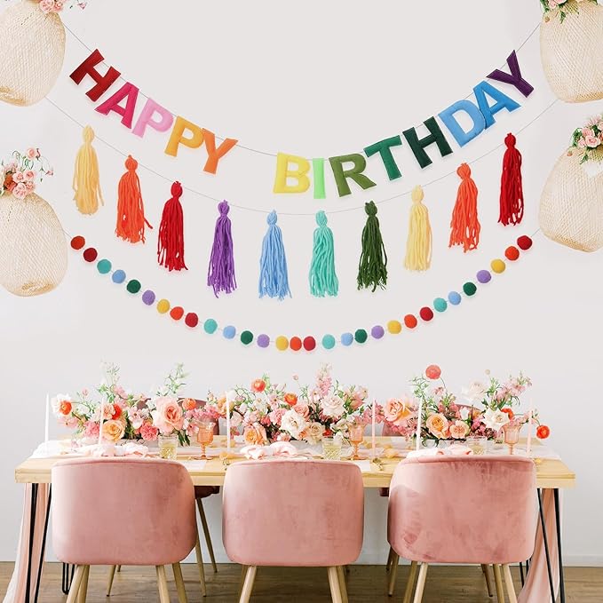 Pre-Strung Happy Birthday Banner Rainbow Decorations Felt Ball Garland Happy Birthday Sign for Party Decorations Unicorn Party Decor (Rainbow)
