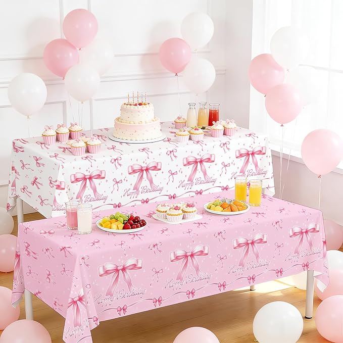 Gatherfun Pink Bow-Themed Party Supplies Set for Women: Happy Birthday & Bachelorette Decorations Combo - Includes 2 Disposable Tablecloths (54 x 108 inch) for Birthday & Tea Party Decorations