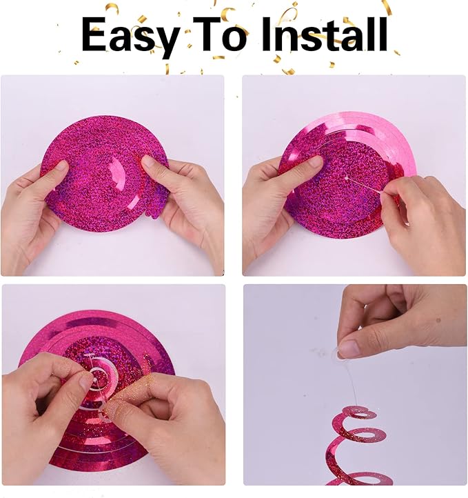 30 Pieces Iridescent Hot Pink Hanging Swirl Decorations Plastic Streamers Foil Swirls Ceiling Decorations Wedding Holiday Celebration Bachelorette Baby Shower Birthday Party Decorations