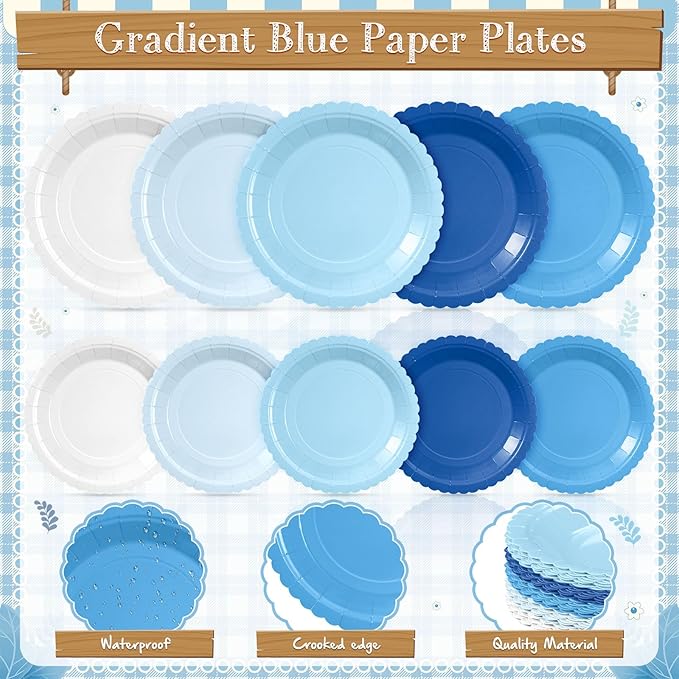 Zhehao 350 Pcs Blue Party Supplies Set Blue Disposable Tableware Kit with Plates, Cups, Napkins, Cutlery in Natural Earth Tones for Baby Shower, Birthday, Wedding Forest Events