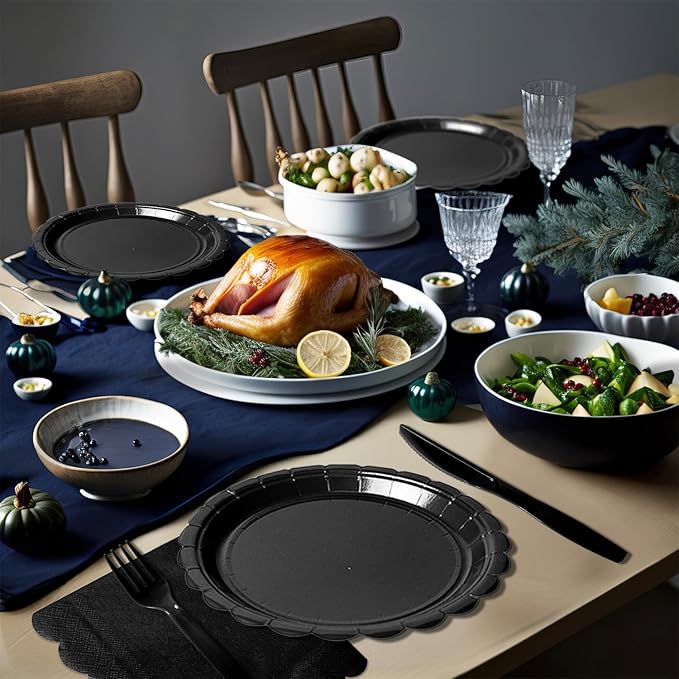 Vyntra 350 Pcs Black Disposable Paper Plates and Napkins Set for 50, 9" Dinner Plates & 7" Dessert Plates, Tableware for Birthday, Graduation, Wedding, Party