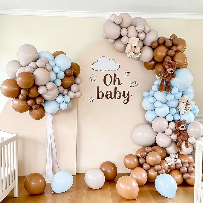 Blue and Brown Balloon Garland Arch Kit, 114Pcs Dusty Blue Double Stuffed Coffee Brown Sand White Balloons for Boy Bear Baby Shower Decorations Wedding Boho Birthday Party Decorations