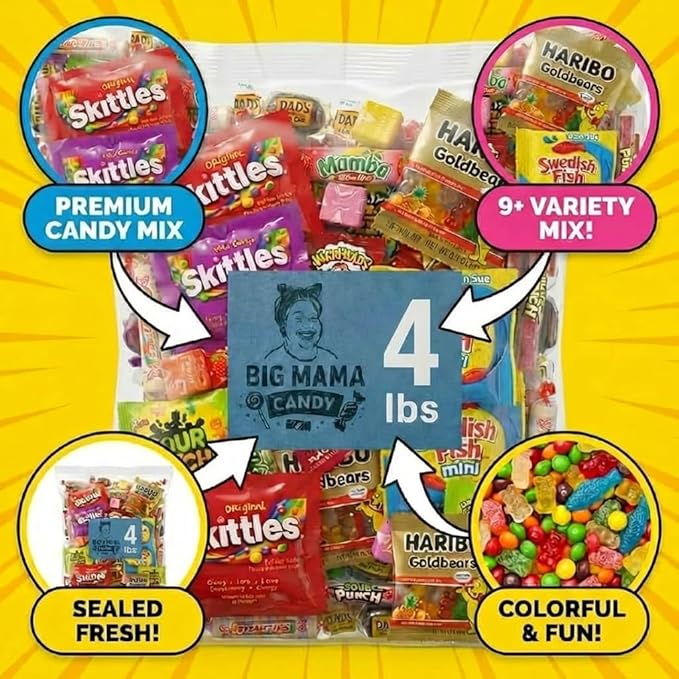 Big Mama Candy Assorted Candy Variety Pack 4 lbs, Bulk Individually Wrapped Candy for Party Favors, Goodie Bags & Pinatas, Easter