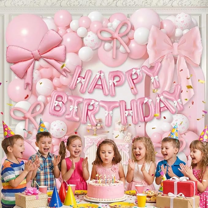 102 PCS Pink Birthday Balloon Decorations Kit, Happy Birthday Banner with Foil Letters, Bow Balloons, Latex Balloons, Ribbon & Glue Dots for Girls Birthday Party Decorations, Baby Shower, Anniversary