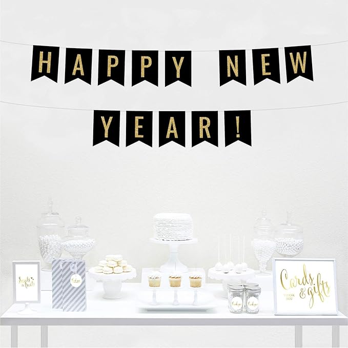 Andaz Press Faux Gold Glitter on Black Party Banner Decorations, Happy New Year!, Approx 5-Feet, 1-Set, Going Away Study Abroad Graduation Retirement Colored Hanging Pennant Decor