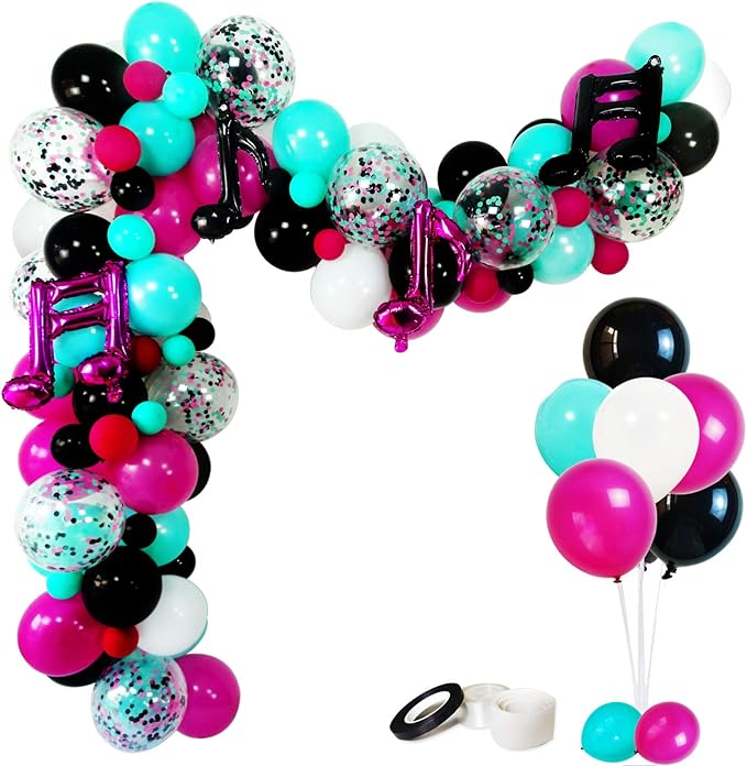 Music Notes Party Decorations, Karaoke Balloon Garland & Arch Kit, White, Rose Red, Seafoam Blue, Black Latex Balloons Confetti Balloon Musical Note Foil Balloon Strip Set for Birthday Party Supplies