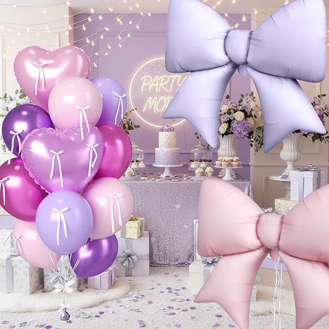 16Pcs Pink and Purple Heart Balloons, 38 Inch Bow Balloons, Metallic Pink Purple Latex Balloon Foil Balloon with Bow Ribbons for Girls Women Birthday Wedding Bridal Baby Shower Valentines Decorations