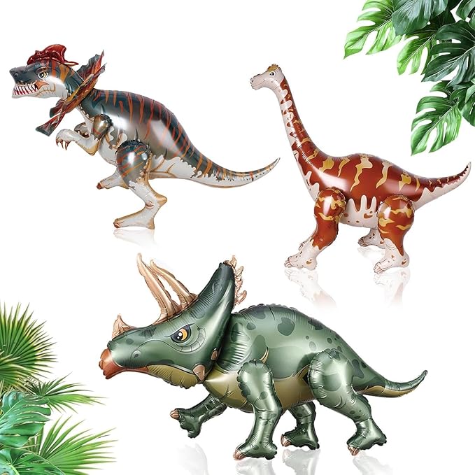 38inch Large Dinosaur Balloons, 3pcs Dinosaur Birthday Decorations Self Standing Triceratops Brachiosaurus Double-crowned Dragon Balloons for Birthday Party Decoration Kit Party Supplies